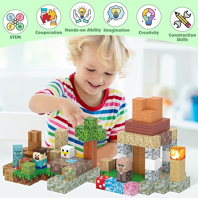 Magnetic Blocks Toy Building Set for Kids 3+, Light Up Magnetic Building Blocks, 3D Construction Build Toys STEM Sensory Magnet Cubes Christmas Birthday Present