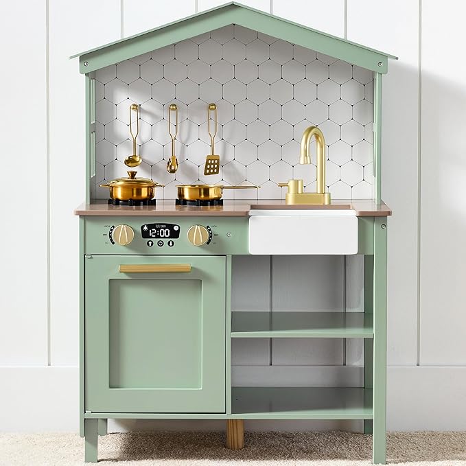 Best Choice Products Pretend Play Wooden Farmhouse Kitchen Set for Kids w/Toy Storage, Clicking Knobs, Windows, 5 Accessories Included - Sage