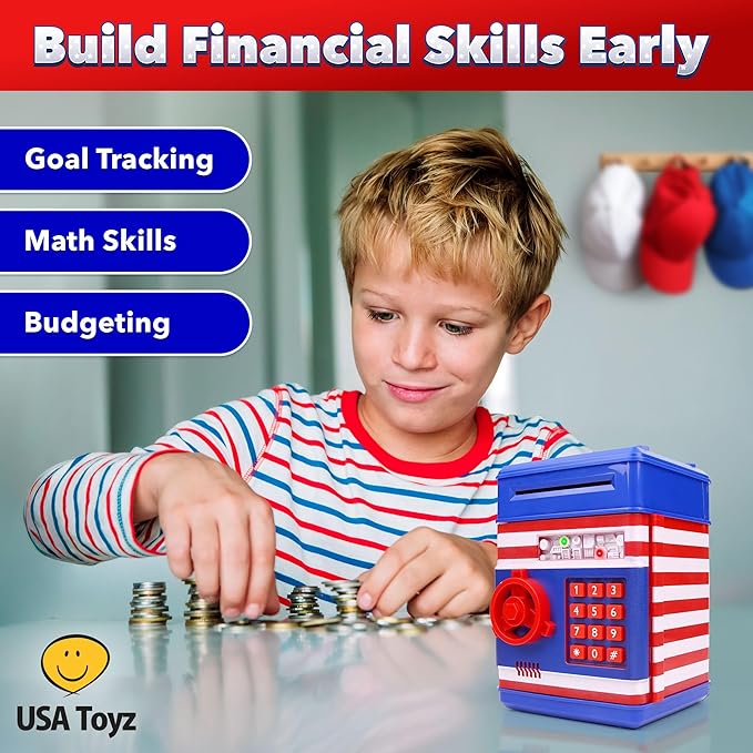 USA Toyz All-American Electronic Piggy Bank for Kids - ATM Kids Money Safe, Coin Bank Savings Box with Auto Bill Feeder Coin Slot, LED Lights, 4-Digit Password, Voice/Beep Modes, Ages 3+