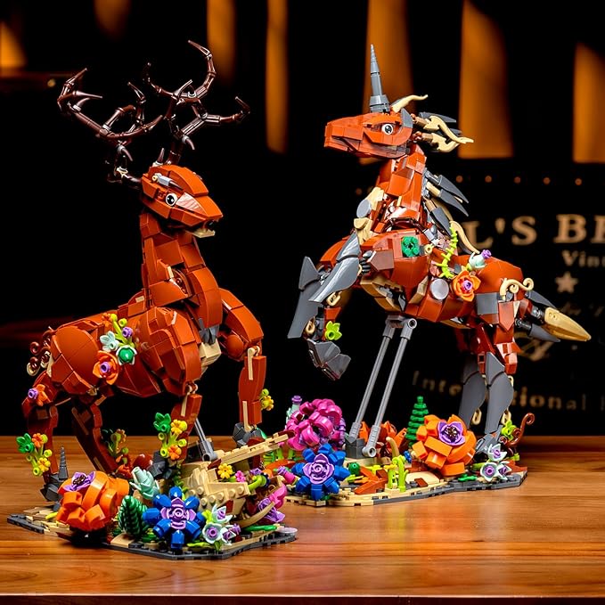 2 in 1 sika Deer&Unicorn Animals Building Decorations Set,Animal Blocks Flowering shrubsToys Suitable for Boys and Girls Age 6+ Year Old Desktop Decoration