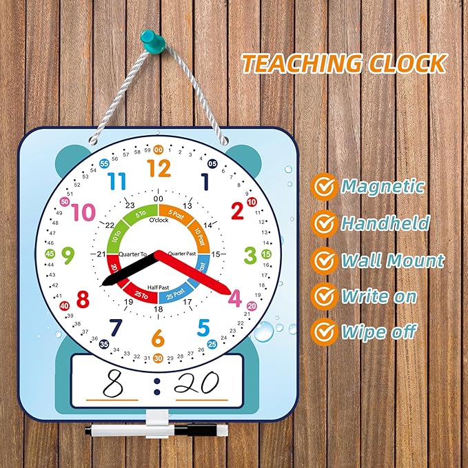 Large 12" Magnetic Writable Dry Erase Teaching Clock with Pen,Teaching Demonstration Clock for Kids Learning Time with Cute Style for Home School Classroom Supplies(12" x 11")