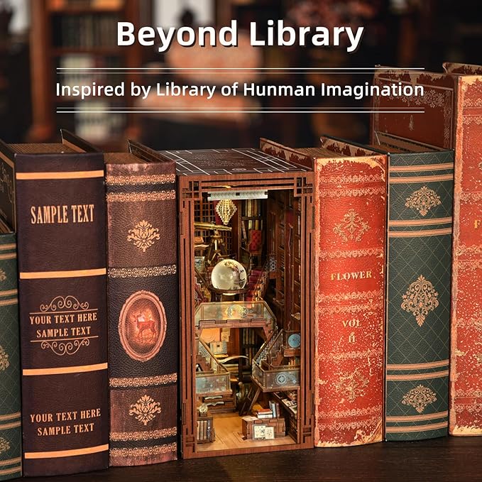 Book Nook Kit, DIY Miniature Dollhouse Library House Kit for Adult and Teens, 3D Wooden Puzzle Bookends Bookshelf with Sensor Led Light (Beyond Library)