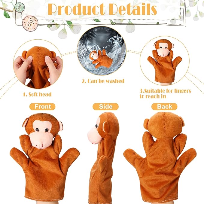 Hungdao 12 Pieces Hand Puppet Zoo Animal Plush Puppets Cute Animal Plush Pretend Educational Toys with Tiger Lion Bear Leopard Design for Telling Story Teaching Role Play