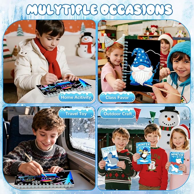 24 Pack Winter Scratch Art Party Favors for Kids - Rainbow Scratch Paper Snowflake Penguin Scratch Off Cards Frozen Birthday Goodie Bags Stuffers - Return Christmas Gifts DIY Classroom Prizes