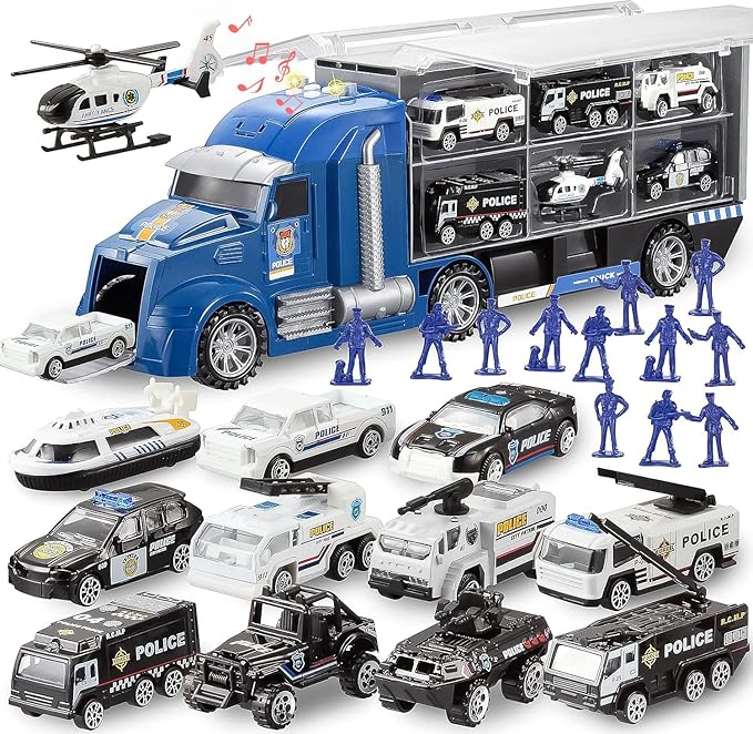 JOYIN 25 in 1 Police Rescue Truck Car Toy Set with Sounds and Lights, Mini Vehicles in Carrier Truck, Play Police Patrol Rescue Vehicle Toy, Christmas Birthday Gifts for Over 3 Years Old Boys