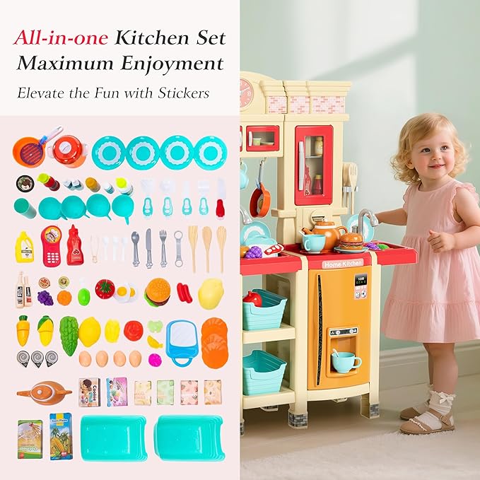 [2025 Upgraded] Kitchen for Kids & Toddlers Play Kitchen Set with Tablet Ordering, Music, Lights & Sounds, Steam Stove & Boiling Bubbles, Oven Dings, Faucet & Dishwasher,Easy-Install,Life Skills(Pink)
