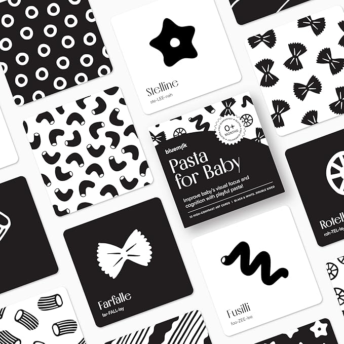 Pasta for Baby High Contrast Cards Sensory Toy Learning Activity Large Black and White Flash Cards Newborn Tummy Time Play 0+ Months Infant Essentials Curious Baby Activity Gift Set