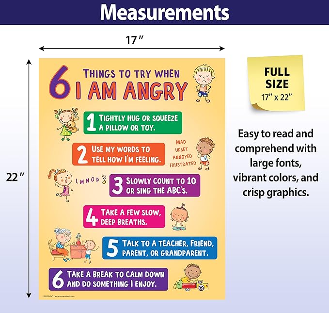 ZOCO – 6 Anger Control Strategies Posters (5-Pack) – Calm Down and Manage Emotions for Toddlers – Classroom Behavior Management for Preschool, Daycare, and Homeschool – Made in USA