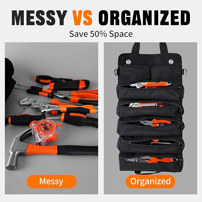 Portable Foldable Roll-Up Waterproof Tool Bag Organizer with 5 Compartments & 2 Detachable Pouches, Heavy-Duty Tool Pouch Bag, Dad Men Electrician Mechanic Gifts