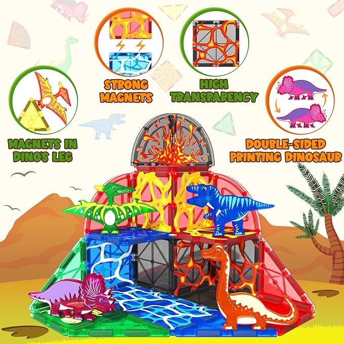 Dinosaur Toys Magnetic Tiles Lava Dinosaur World Set - Magnetic Blocks Building for Kids 3-5 5-7 Girls Boys Toy Age 4-6 6-8, Classroom Must Haves Toddler Sensory for 3+ Year Old Kids Toys