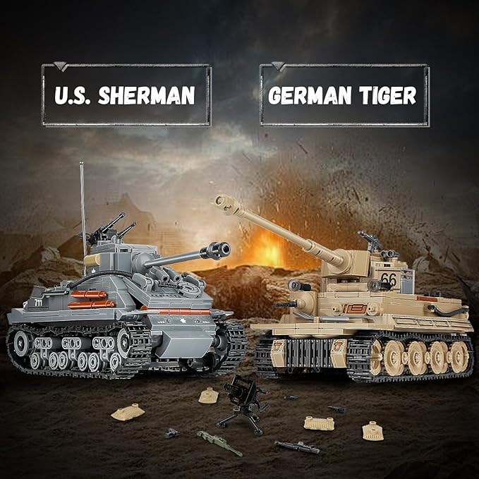 2-in-1 Army Tank Toy Building Set, Includes German Tiger and American Sherman Models, Compatible with Lego Army Sets, Military Building Blocks Set for Kids 8-14 (1184 Pieces)