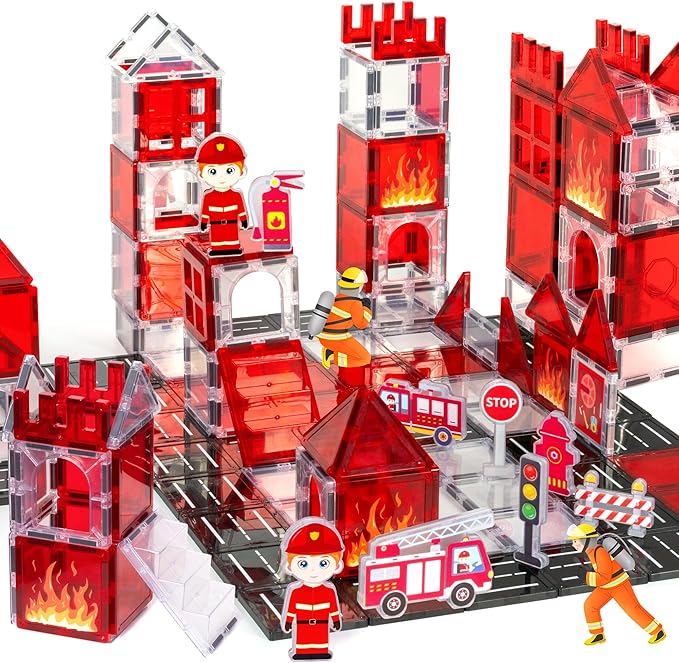 cossy Magnetic Tiles Firefighter Set, Magnet Tiles with Firefighter, Magnetic Tiles for Kids Ages 4-8, STEM Toys, Magnet Blocks for Boys and Girls, Creative Building Toys, Firefighter