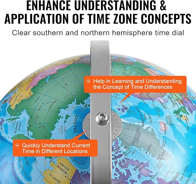 VEVOR Rotating World Globe with Stand, 13 in/330.2 mm, Educational Geographic Globe with Precise Time Zone ABS Material, 720° Spinning Globe for Kids Children Learning Classroom Geography Education