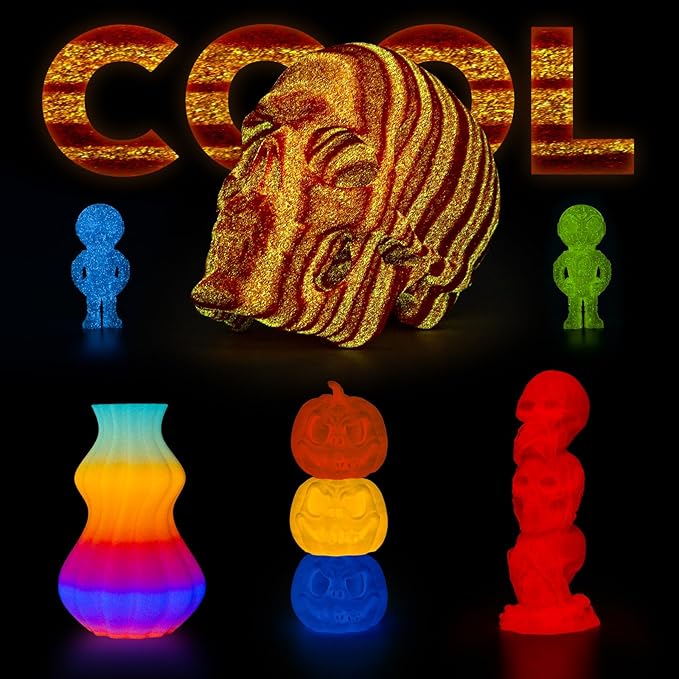 AMOLEN PLA 3D Printer Filament 1.75mm, Glow in the Dark Shiny Multicolor Red Yellow Filament, Fast Color Change Filament for 3D Printer, Best with UV Lamps, 1kg Spool, Dimensional Accuracy +/- 0.02 mm