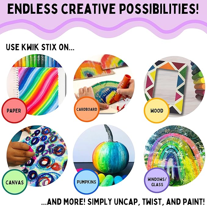 Kwik Stix Solid Tempera Paint Sticks, Washable, Rainbow Colors, 10 Non-Toxic Quick Drying, Allergen Free, Paint Sticks for Kids and Toddlers