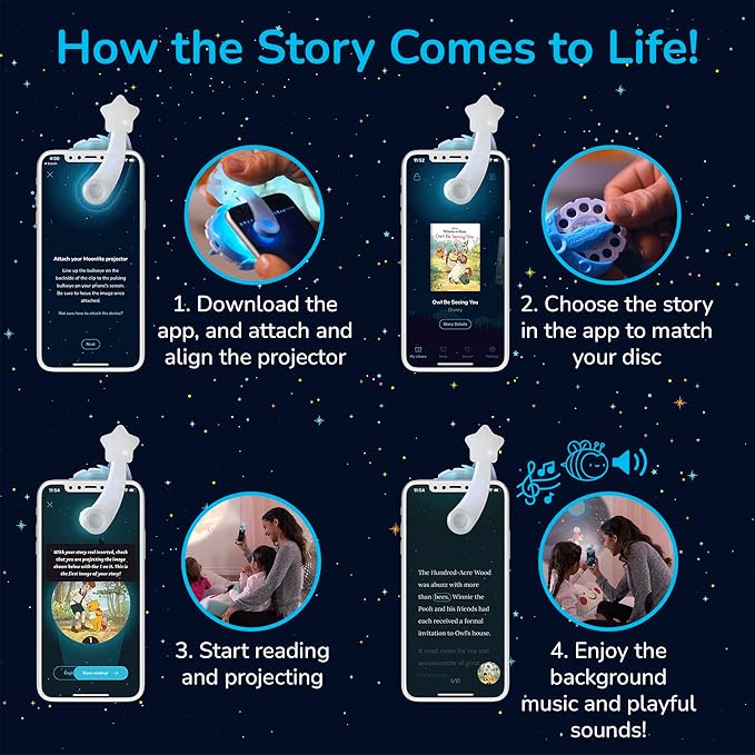 Moonlite Storytime Mini Projector with 4 Classic Disney Stories, A Magical Way to Read Together, Digital Storybooks, Fun Sound Effects, Learning Gifts for Kids Ages 1 and Up