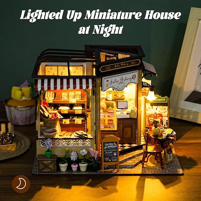 Fsolis DIY Miniature House Kit - 3D Wood Puzzles Craft Kit for Adults Tiny House Building Kit Mini Home Diorama Kit with Furniture Gifts for Women Teenagers (Julia Bakery)