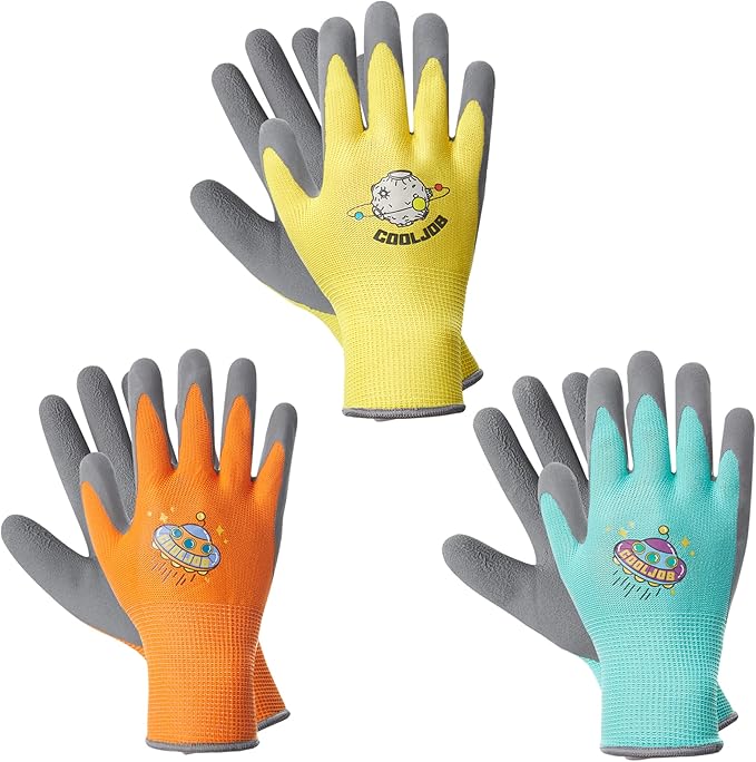 COOLJOB 3 Pairs Kids Gardening Gloves for Age 6-8, Children Grippy Rubber Coated Garden Work Gloves, Orange & Green & Yellow, Medium Size (3 Pairs M)