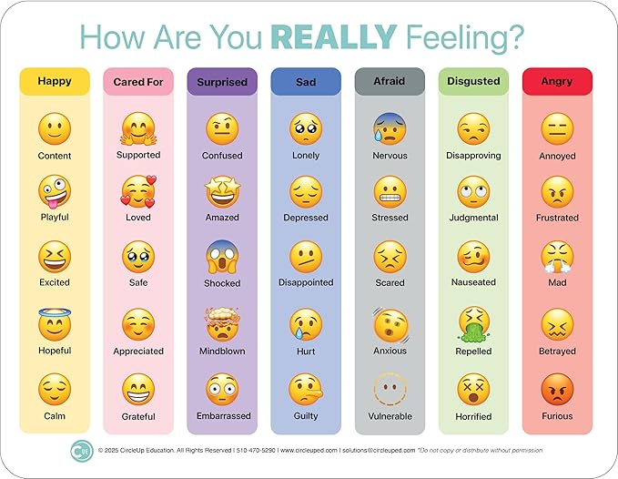 Circle Up Emoji Emotions Chart 3-Pack – 8.5x11 Laminated SEL Tool for Emotional Check-Ins & Conversations – Double-Sided Feelings Chart for Counselors, Educators, Therapists & Social Workers