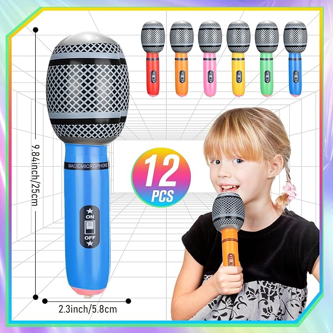 48 Pcs Colorful Inflatable Instruments Rock Star Toy Set Including 24 Plastic Microphones, 24 Guitars and 1 Inflator for Musical Concert Themed Party Decoration