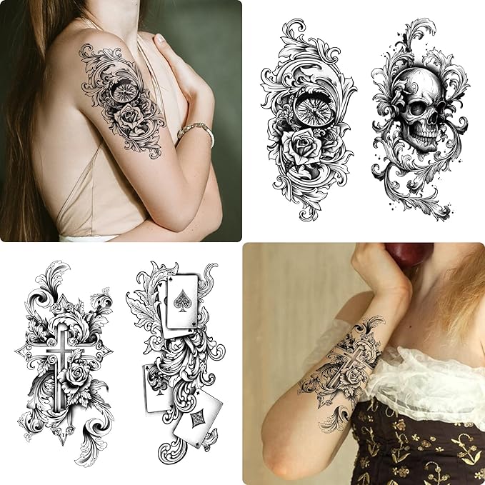 Temporary Tattoos for Adults, 47 Sheets Baroque Religious Flower Skull Designs Fake Tattoos, 17 Half Arm tat and 30 Small temp Tattoos