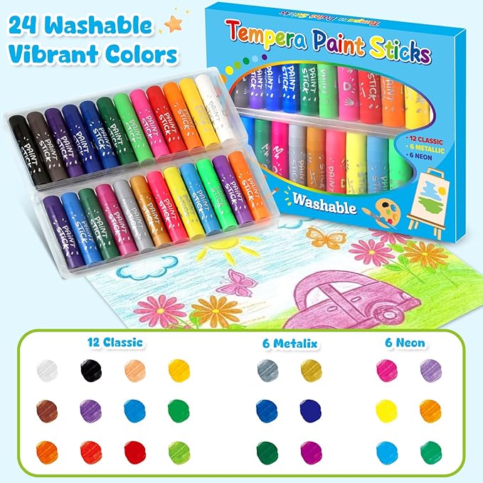 Tempera Paint Sticks For Kids, 24 Assorted Colors Washable Paint Set, Quick Drying Art Supplies for Toddlers and Kids, Ideal Easter Basket Stuffers for Kid Toddler 1-3 2-4