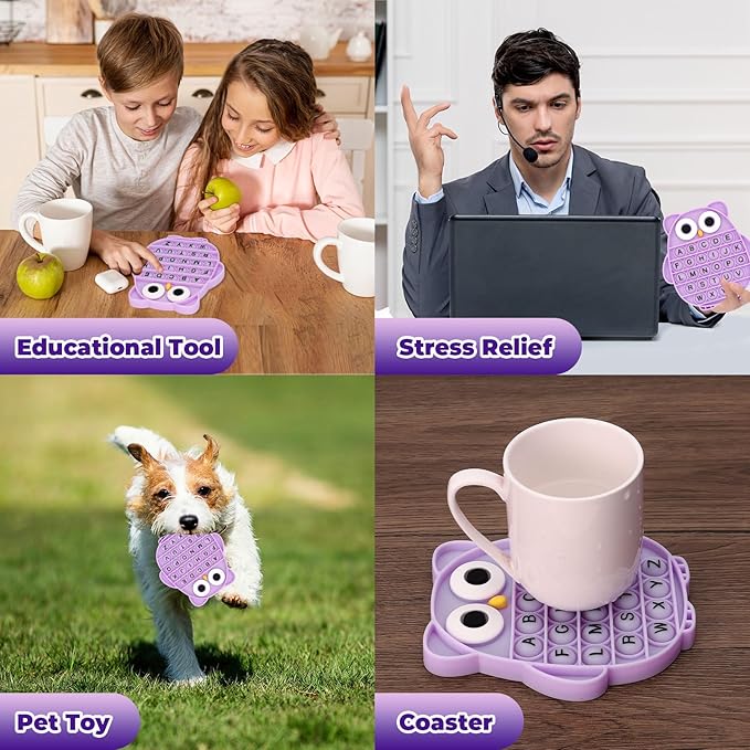 Fidget Toys for Kids, Owl Shaped Silicone Squeeze Sensory Toys, Alphabet Bubble Stress Anxiety Relief Relax Tools for Kids Adults School Classroom Gift Party Favors (Purple)
