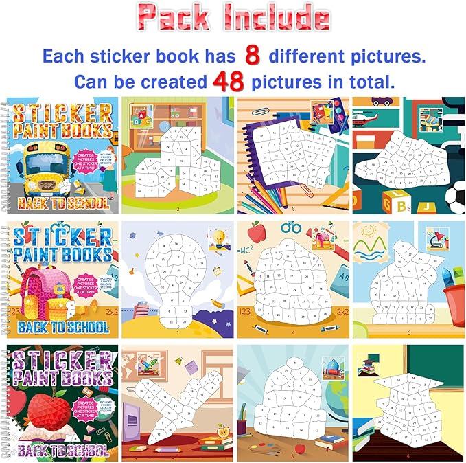 6Pcs Back to School Paint by Sticker Books Back to School Sticker by Number Books Activity Book Puzzle Book Craft Art Gift with School Bus Apple Owl Alarm 48 Pictures Party Favors