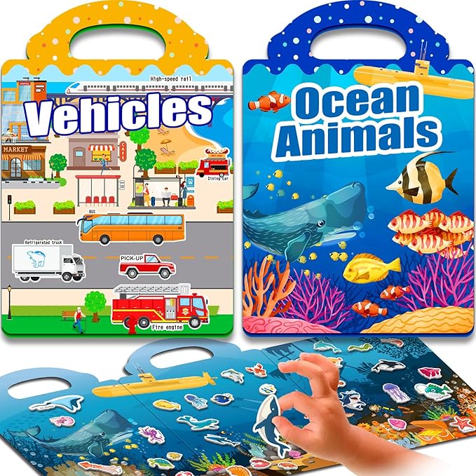 2 Sets Reusable Sticker Books for Toddlers 1-3, Removable Jelly Sticker Books for Kids 2-4 Years, Toddler Travel Toys Activity Road Trip Essentials for Kids- Vehicle + Ocean