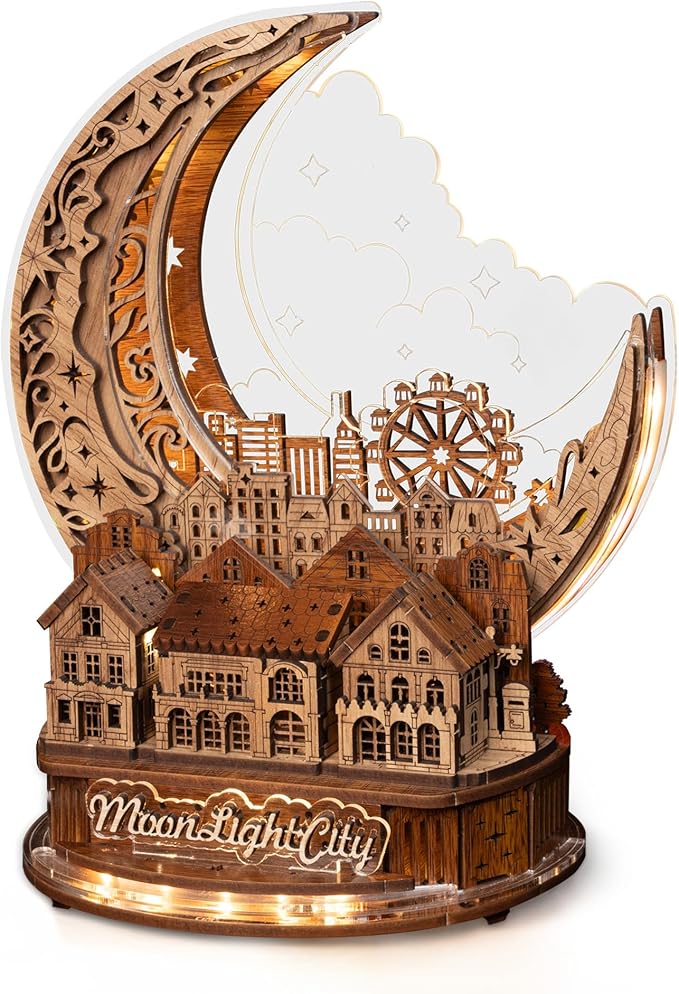 3D DIY Puzzle Moon City Model - LED 3D Wood Puzzle - 3D Wooden Puzzles for Adults Home Décor Gifts for Kids and Adults, Brown