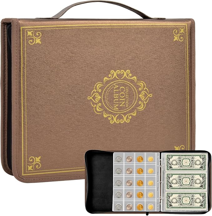 Coin Collection Book Holder for Collectors, 200 Pockets Coins Collecting Album & 30 Sleeves Paper Money Display Storage Case for Currency Collection Supplies (200+30 paper money binder)-Grey