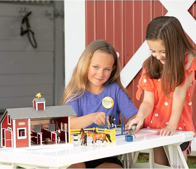 Breyer Stablemates Red Stable Set with 2 Horses – Realistic Horse Toys for Girls Ages 4–8, Barn Playset with Fencing, Barrels & Trough, Creative Gift for Kids, Imaginative Horse Play
