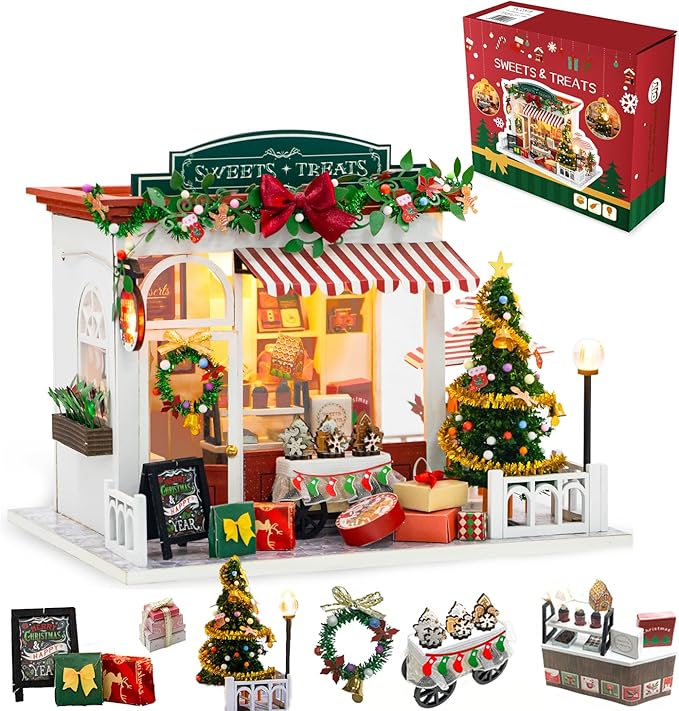 Christmas Miniature Dollhouse Kits, DIY Miniature House Kit, Tiny House with LED, Christmas Village Houses Set, 3D Wooden Puzzle Mini House, Gift for Adults
