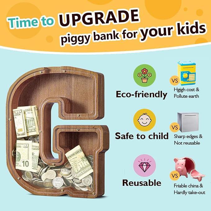 Summidate Customized Name Extra Large Wooden Piggy Bank for Kids Boys Girls Alphabets Letter A-Z Coins Bills Money Change Saving Box Clear Cover (Laser Engraved) Educational Toys 12"- Letter G