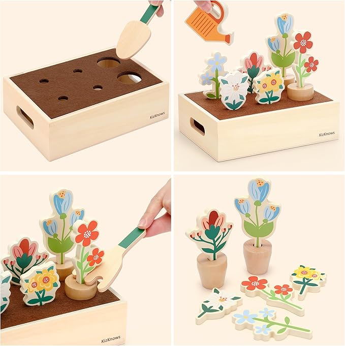 Wooden Toy Flower Garden Set Natural Gardening Toy Playset for Toddlers Pretend Play Blossom Flowerpot Educational Learning Toy for Girls Boys 3 Years and Up