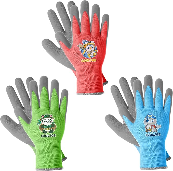 COOLJOB 3 Pairs Kids Gardening Gloves for Age 6-8, Children Toddlers Boys Grippy Rubber Coated Work Gloves, Red & Green & Blue (Explorer, Medium M)
