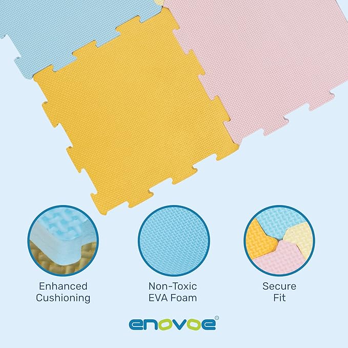 Enovoe Interlocking Foam Tiles – Baby Play Puzzle Pads for Toddlers – Soft 12"x12" Play Surface – Puzzle Piece Design – Safe and Cushioned Mat Set for Kids’ Activities and Floor Protection