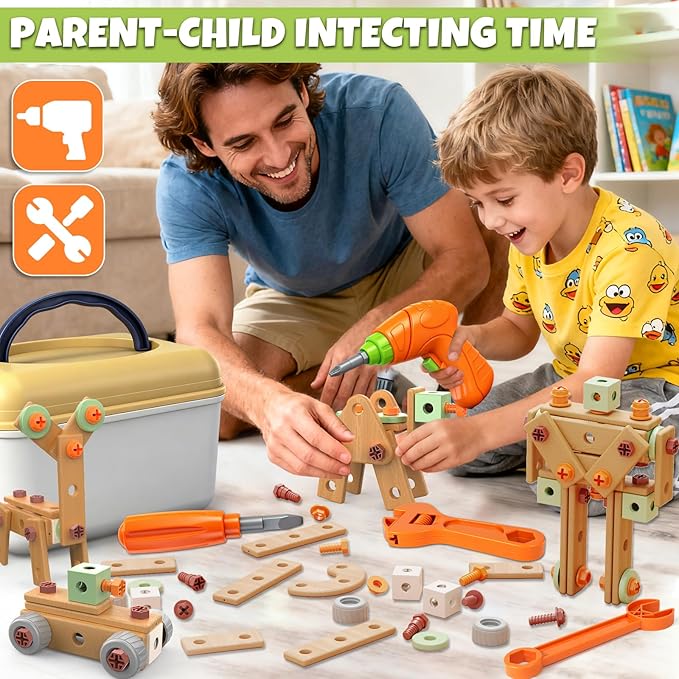 YongnKids 158 Pcs Kids Tool Set with Drill, Construction STEM Building Blocks with Storage Box Educational Tool Kit Pretend Play Kid Toy for Kids Age 3 4 5 6 7 8 Years Birthday Gift