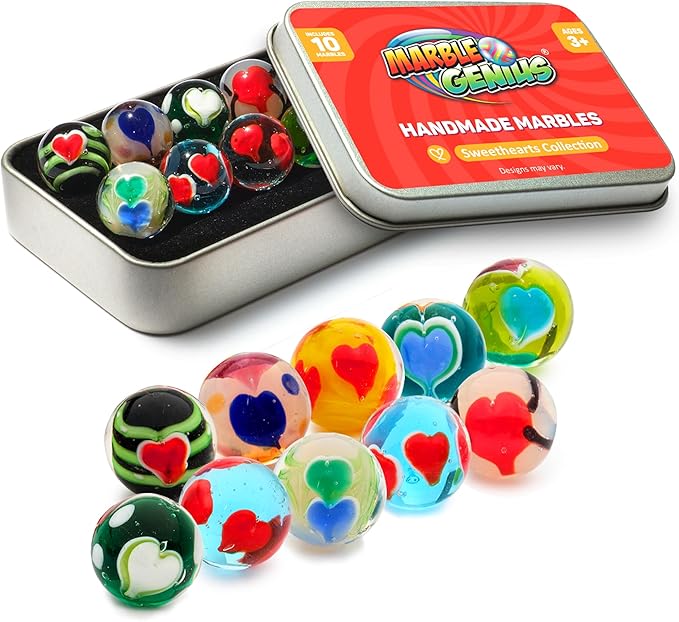Marble Genius Collectors Marbles, Sweetheart Design, 16mm (⅝ Inch), 10 Handmade Glass Marbles, Gifts for Marble Lovers, Gifts for Kids Ages 3+