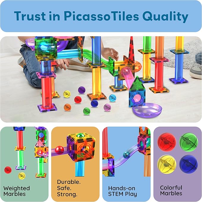 PicassoTiles 8pc Marbles for Magnetic Block Tiles Marble Run Race Track Magnet Building Tile Blocks Racetrack Maze Construction Toys Creative Toy Girls Boys 3 and Up Early Education STEM Learning Kit