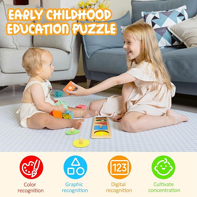 Montessori First Jumbo Knob Wooden Shape Puzzles for Toddlers,Montessori Multiple Peg Shapes Puzzle Sorter Board for Baby Kids Boy Girl,Preschool Learning Peg Puzzle Board Toys