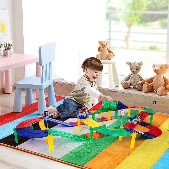 PicassoTiles 50pc Racecar Track Magnetic Tiles Educational Kids Toy with 2 Light Up Trucks STEM Preschool Learning Magnet Tile Toddler Toys Boys Girls Ages 3+ Blocks Game Puzzles Build Playset PTR50