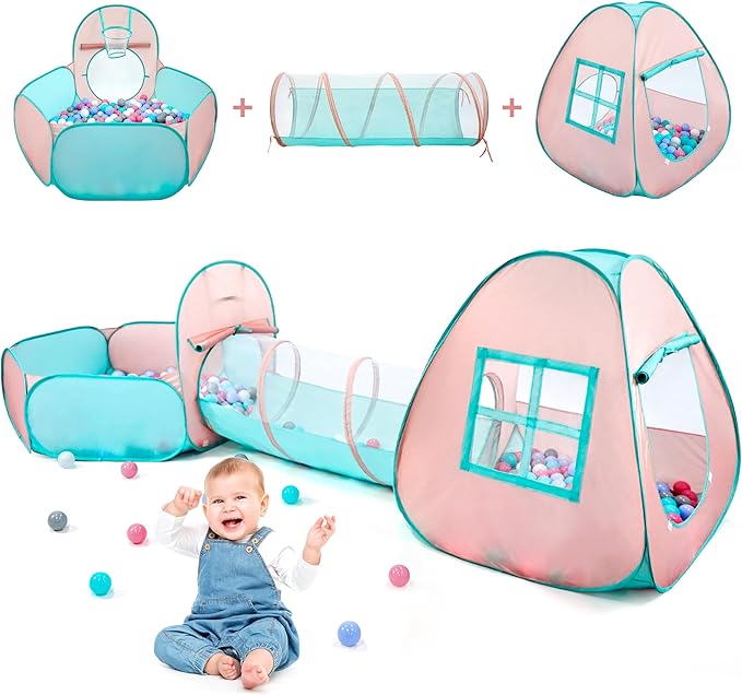 3 in 1 Pop Up Kids Play Tent with Tunnel and Ball Pit for Kids, Boys, Girls, Babies and Toddlers, Indoor/Outdoor Playhouse,Orange Pink/Light Green