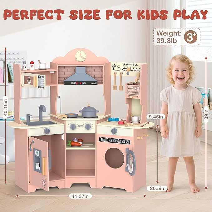 ANPABO Play Kitchen for Kids Aged 3+, Wooden Kitchen Playset w/Real Lights & Sounds, Coffee & Ice Maker, Microwave, Stove, 30Pcs Accessories Include Play Food, Pretend Play Set for Boys & Girls, Pink