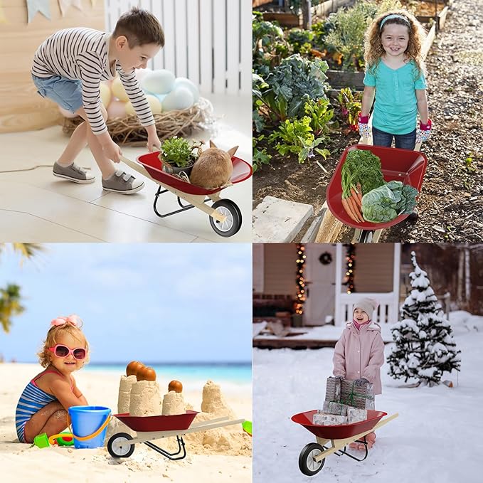 Qtioucp Kids Wheelbarrow Set with Gardening Tools Outdoor Backyard Garden Play for Toddlers Boys Girls 3-8, with Shovel, Rake, Leaf Rake, Easter Birthday Gifts (Wheelbarrow Red Color)