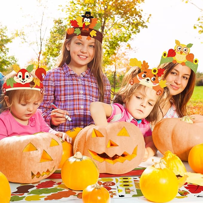 Cinrobiye 24 Sets Fall Crafts Kits Autumn Animal Paper Crown Craft Kit Bulk DIY Harvest Headbands Craft for Holiday Thanksgiving Birthday Party Favors Gift Home School Art Project Activity Game Prizes