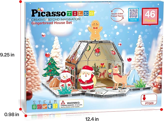 PicassoTiles Magnetic Tiles Gingerbread House Holiday Character Action Figures Santa, Snowman, Deer Winter Theme Construction Kit Magnet Building Blocks STEM Learning Gifts Toddler Toys Ages 3+ PTQ09