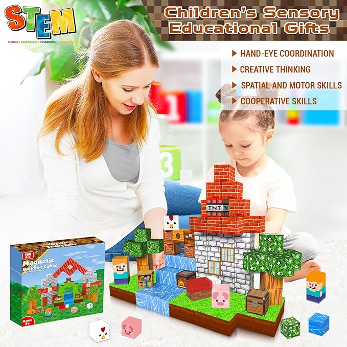 Magnetic Blocks - 100PCS Magnetic Building Blocks Cubes, Magnet Toys for Kids Age 3+, Toy Building Set for Kids, Magnets Stacking Construction Toys Birthday Gifts for Boys Girls Age 4-8, 8-12
