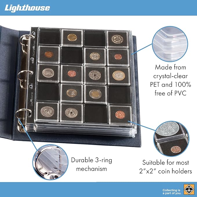 Lighthouse - Coin Album Set with ENCAP 5 Pages for Quadrum Snaplocks, Fits 100 2"x2" Coin Holders - Green
