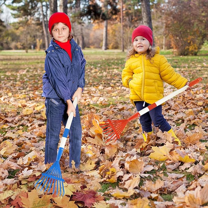 3PCS Kids Rakes for Leaves, 28" Child Size Garden Rake Childrens Yard Lawn Rakes Toddler Leaf Rake with Detachable Hardwood Handle Metal Head Great Garden Tools for Boy Girl, Blue Red Green